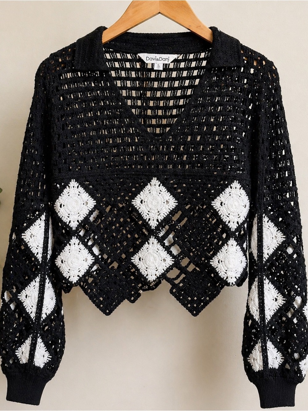 Davi & Dani Black Crochet Top with White Diamond Accent